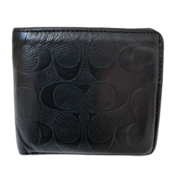Coach Men's Compact Wallet Black C Embossed Leather - Picture 1 of 8